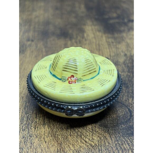 Vintage LIMOGES STYLE Yellow Hand Painted SUN HAT Trinket Box Hat W Hat Box - Picture 1 of 14